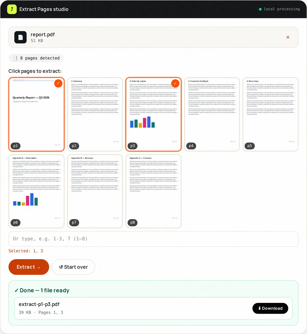 Extract PDF Pages showing page thumbnails with pages 1 and 3 selected and a new PDF containing those two pages