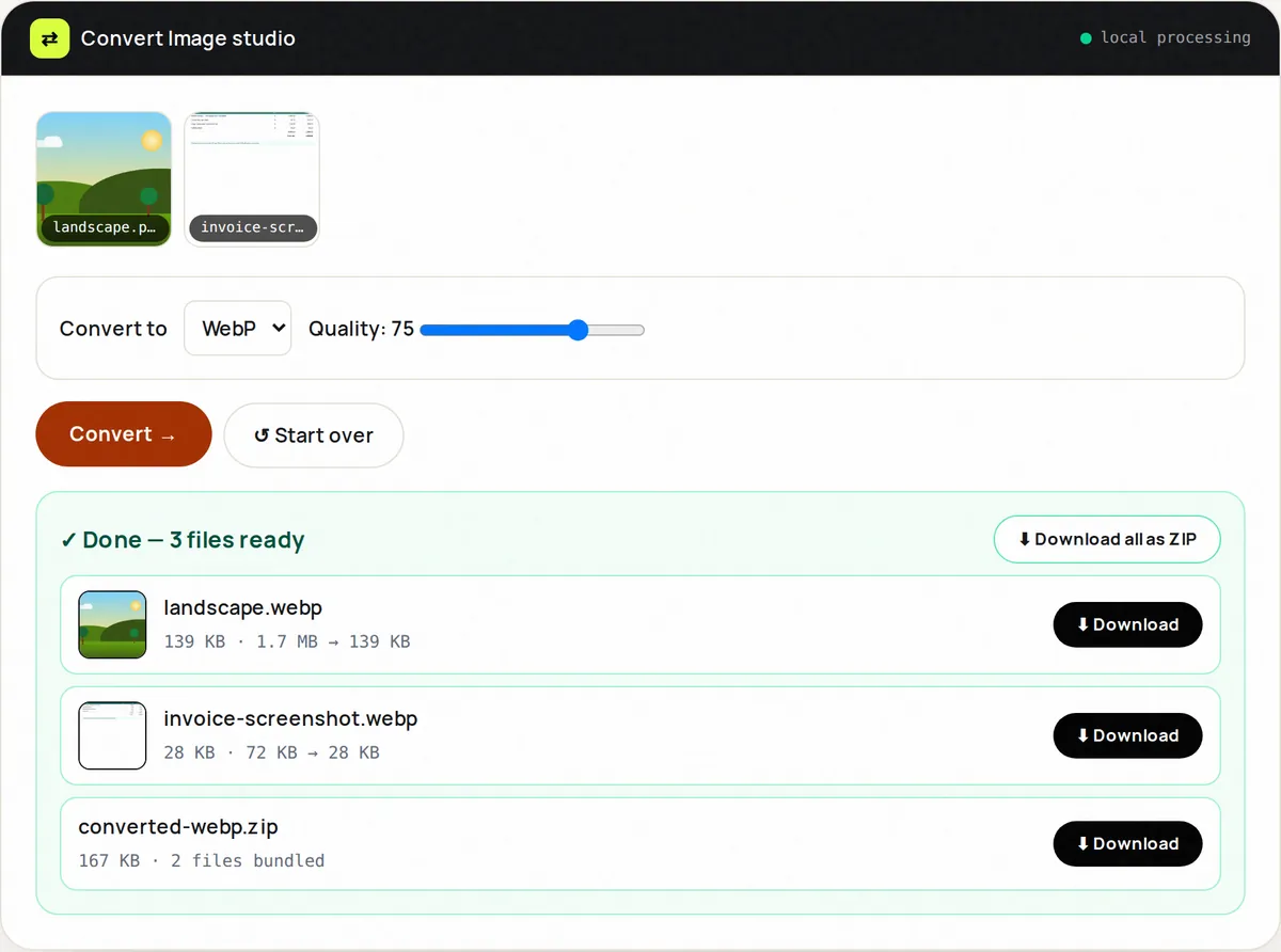 Image Converter set to WebP at quality 75 with two converted files and a ZIP download