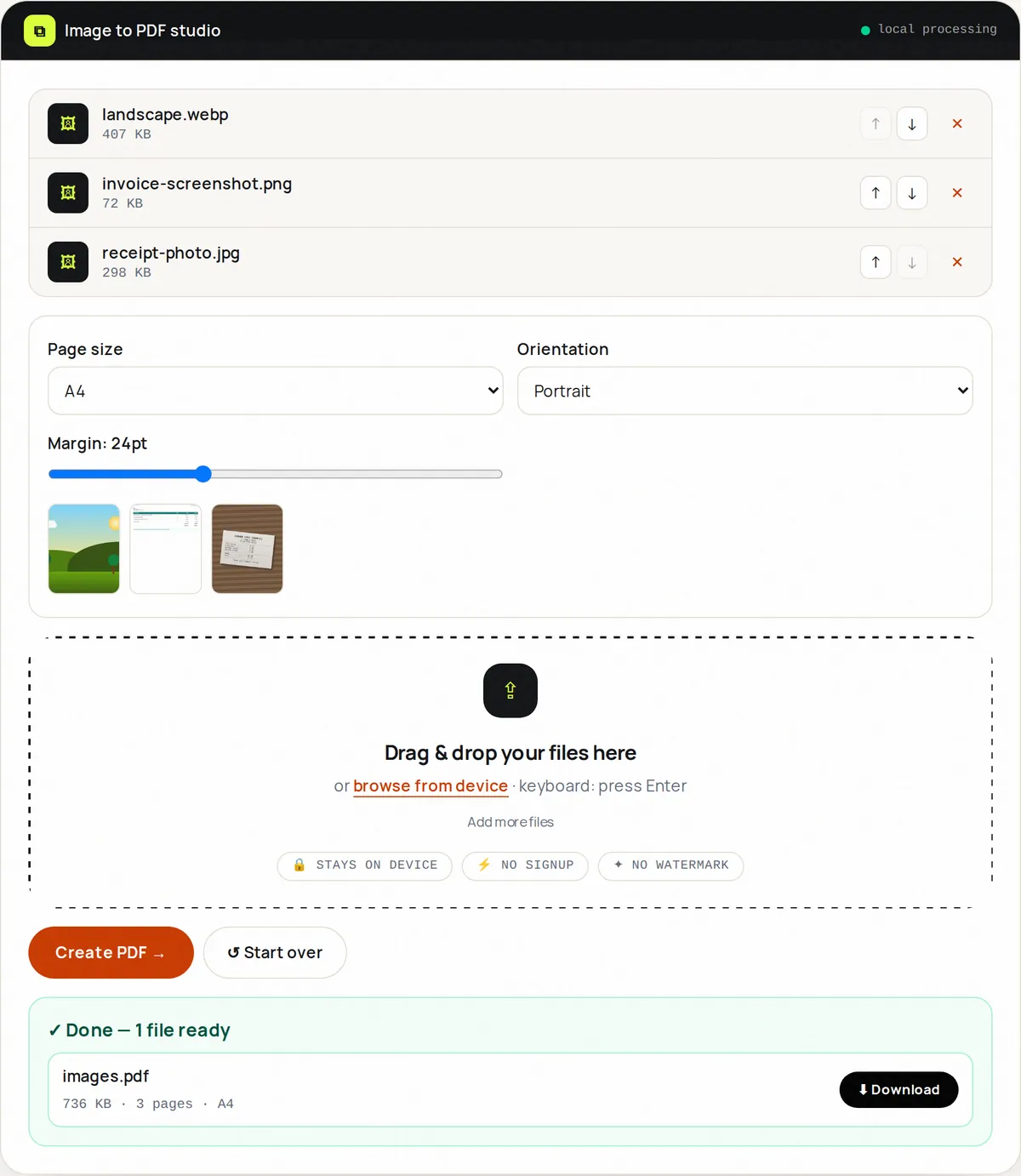 Image to PDF with a WebP, a PNG and a JPG image listed, page settings and a three-page PDF result