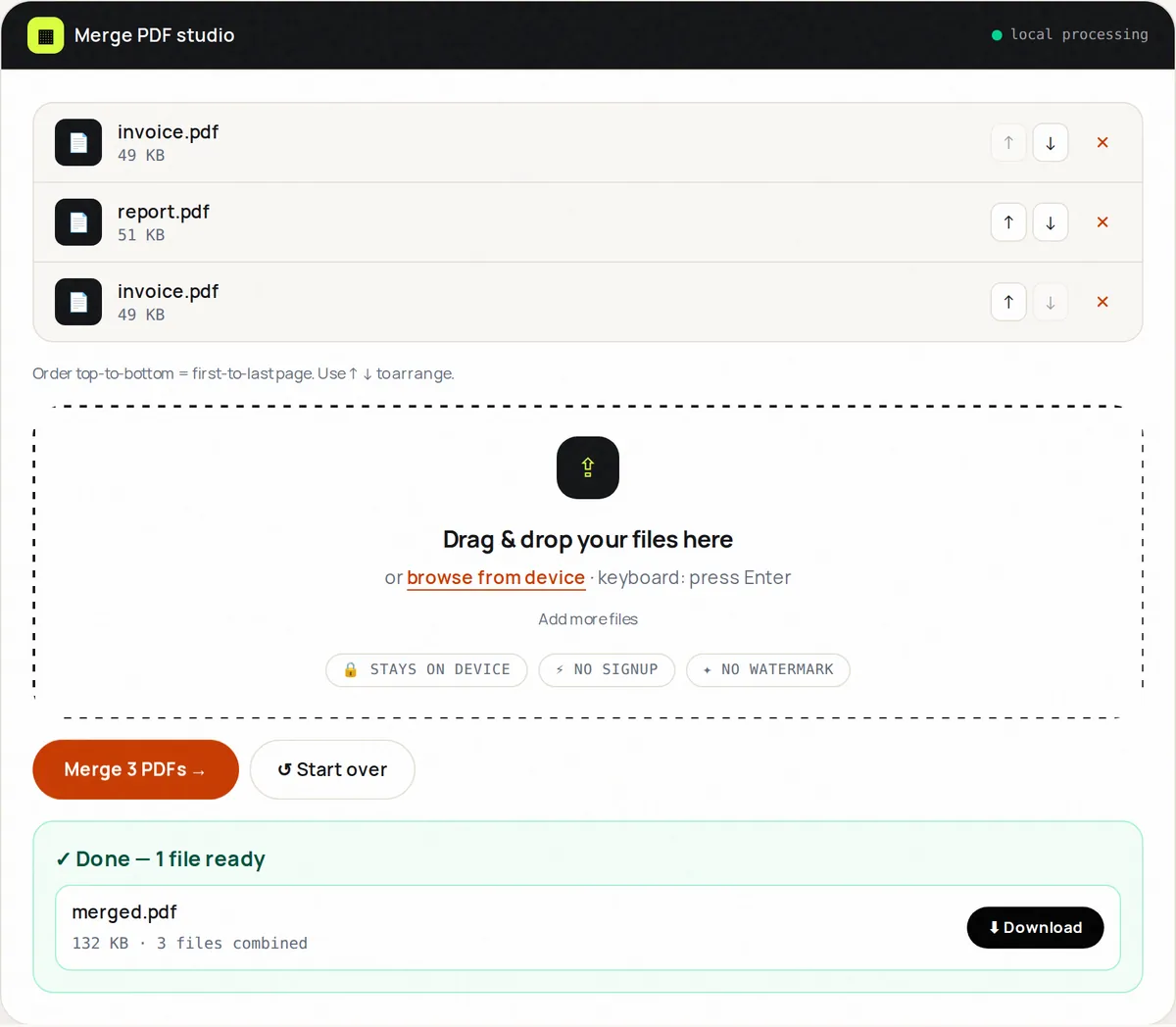 Merge PDF with three PDF files listed in order, up and down buttons to reorder them, and a finished merged.pdf ready to download
