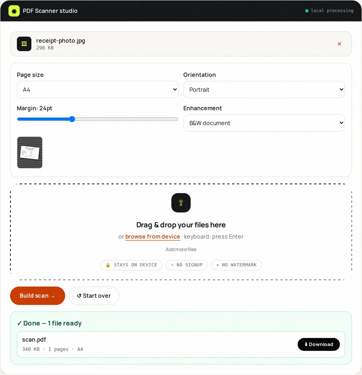 PDF Scanner with a phone photo of a receipt, the B&W document enhancement selected and a one-page scan PDF result