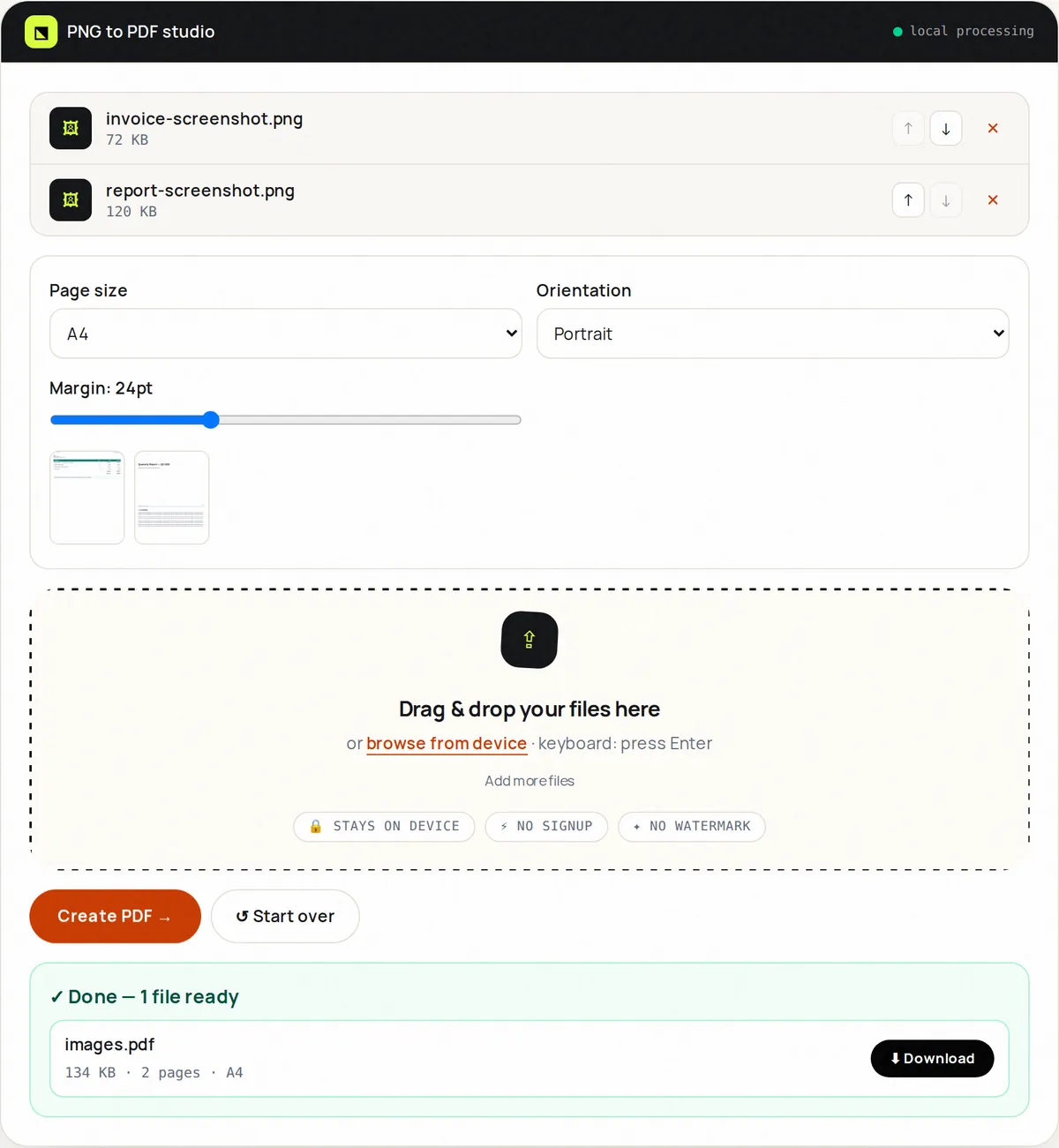 PNG to PDF with two PNG screenshots listed, A4 page settings and a two-page PDF result