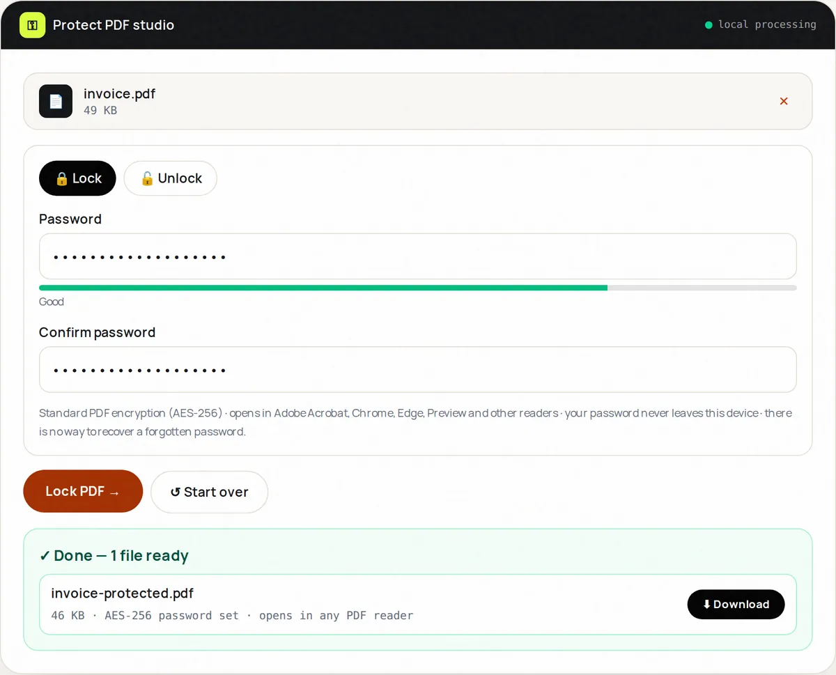 Protect PDF in Lock mode with a password entered twice, a strength meter showing Good, and a protected PDF result