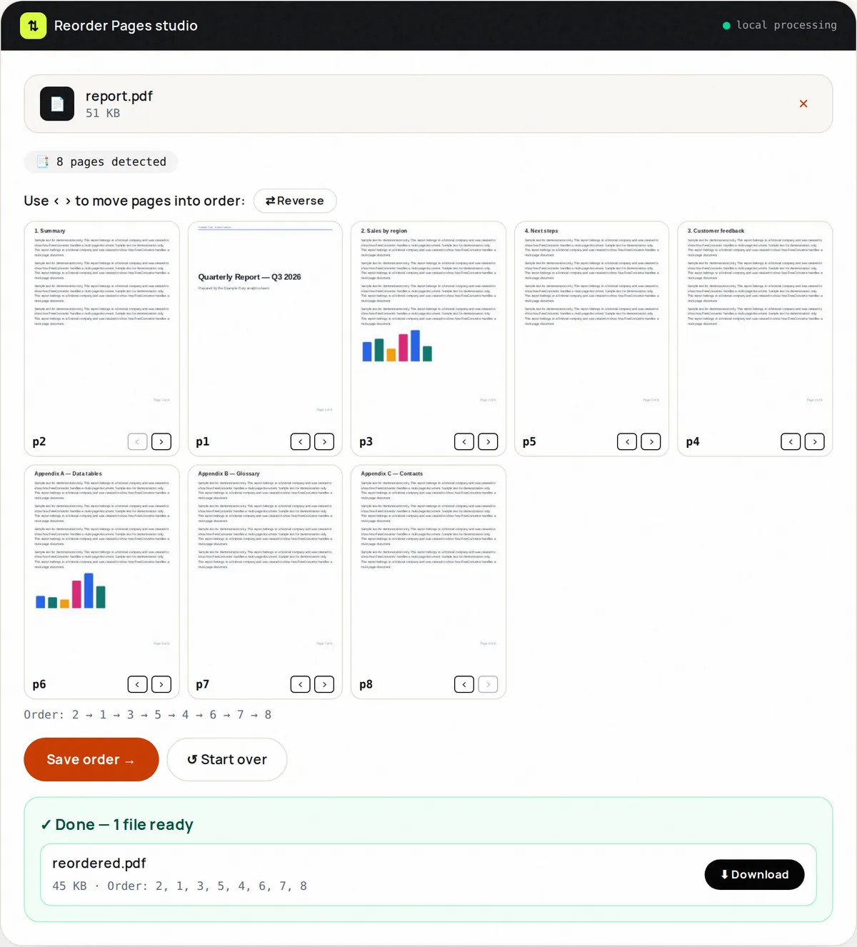Reorder PDF Pages showing page thumbnails with move buttons and the new order 2, 1, 3, 5, 4, 6, 7, 8